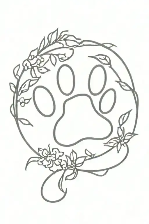 Paw print outline, with a wreath going around it and a date of birth and date of death inside the pas tattoo design idea