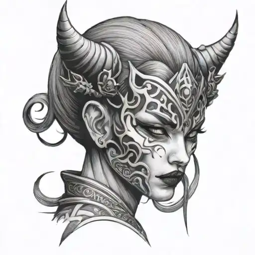 goth girl face with oni mask on the right side tattoo design idea