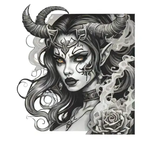 goth demon girl face with smoke coming tattoo design idea