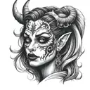 goth demon girl face with smoke coming tattoo design idea