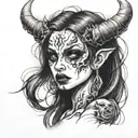 goth demon girl face with smoke coming tattoo design idea