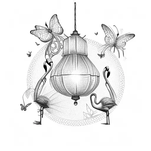 flamingo with butterflies and lanterns tattoo design idea