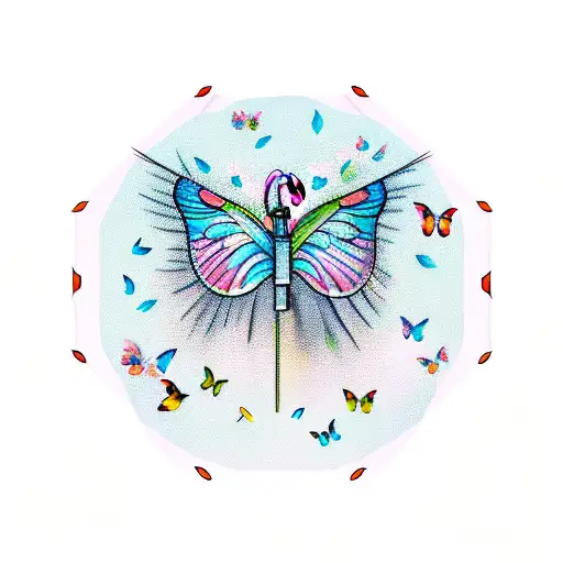 flamingo with butterflies and a lantern tattoo design idea