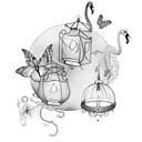 flamingo with butterflies and lanterns tattoo design idea