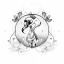 flamingo with butterflies and lanterns tattoo design idea