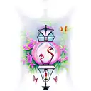 flamingo with butterflies and a lantern tattoo design idea