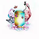 flamingo with butterflies and a lantern tattoo design idea