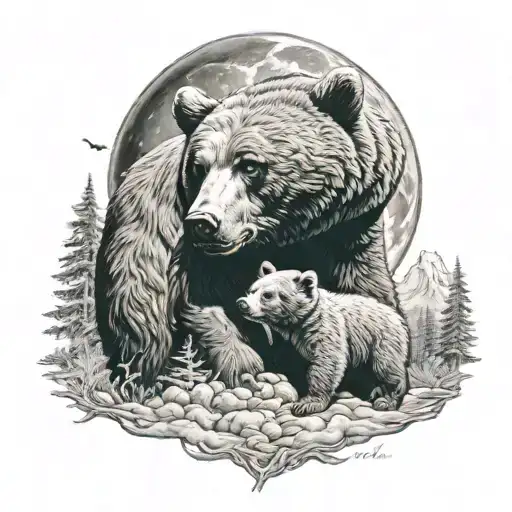 Father bear protecting bear cub with large moon in the sky  tattoo design idea