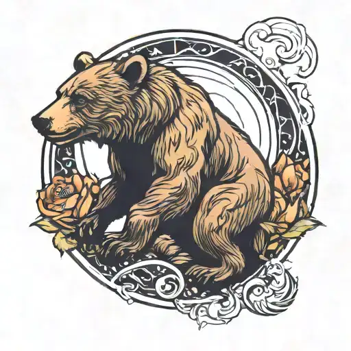 bear protecting cub in front of crescent moon tattoo design idea
