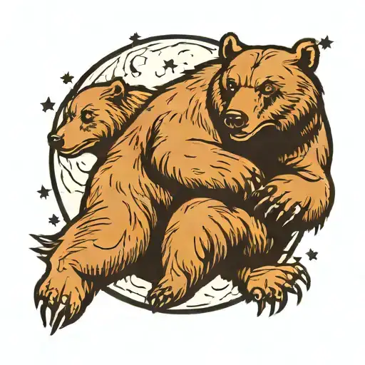 Father bear protecting bear cub with large moon in the sky  tattoo design idea