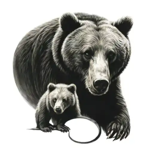 Bear protecting cub in front of a crescent moon tattoo design idea