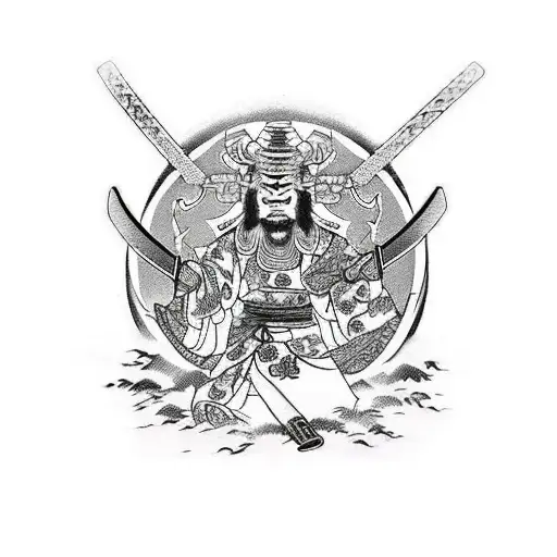 samurai standing with a mask and samurai sword holding a leash with a three headed Chinese dragon on the leash  tattoo design idea