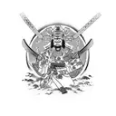 samurai standing with a mask and samurai sword holding a leash with a three headed Chinese dragon on the leash  tattoo design idea