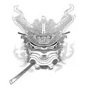 samurai standing with a mask and samurai sword holding a leash with a three headed Chinese dragon on the leash  tattoo design idea