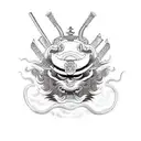 samurai standing with a mask and samurai sword holding a leash with a three headed Chinese dragon on the leash  tattoo design idea