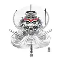 samurai standing with a mask and samurai sword holding a leash with a three headed Chinese dragon on the leash  tattoo design idea