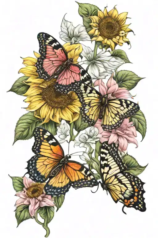 two sunflowers and one pink butterfly tattoo design idea