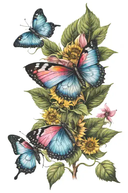two rainbow sunflowers and one pink butterfly perched tattoo design idea