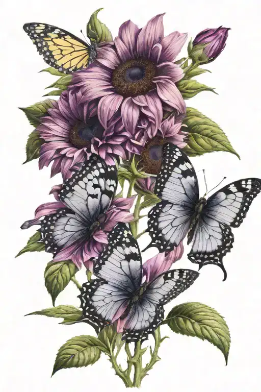two purple sunflowers and one pink butterfly resting tattoo design idea