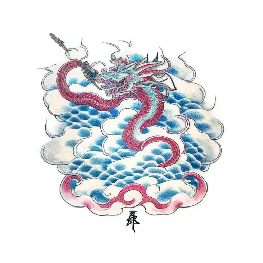 cloud, dragon, katana, demon tattoo design idea