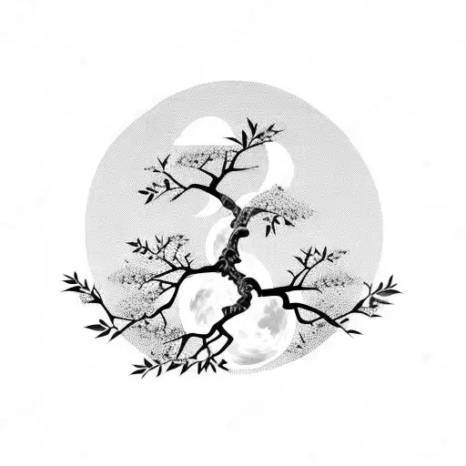 japanese bonzai tree with blossoms and moon tattoo design idea