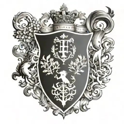 A tattoo of a family crest with six different symbols representing each sibling, done in a dotwork style tattoo design idea