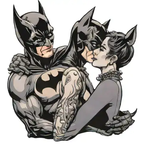 A comic book style illustration of Catwoman and Batman sharing a tender moment while wearing wedding bands tattoo design idea