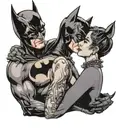 A comic book style illustration of Catwoman and Batman sharing a tender moment while wearing wedding bands tattoo design idea