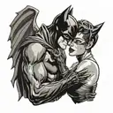 A comic book style illustration of Catwoman and Batman sharing a tender moment while wearing wedding bands tattoo design idea