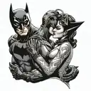 A comic book style illustration of Catwoman and Batman sharing a tender moment while wearing wedding bands tattoo design idea