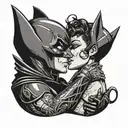 A comic book style illustration of Catwoman and Batman sharing a tender moment while wearing wedding bands tattoo design idea