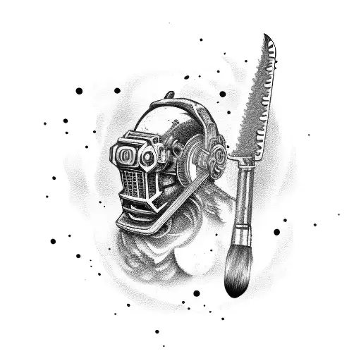 A chainsaw transforming into a paintbrush with mechanical elements tattoo design idea