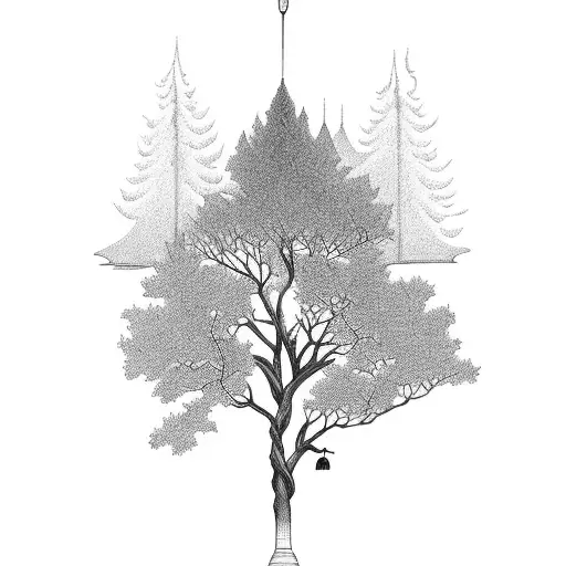 A majestic blackwork tattoo of a fishing rod transforming into a tree branch, with a serene lake in the background. tattoo design idea