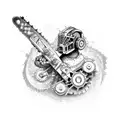A chainsaw transforming into a paintbrush with mechanical elements tattoo design idea