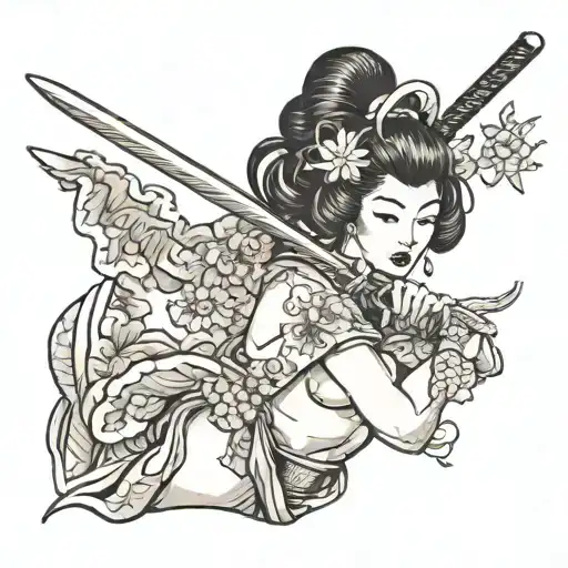 nude geisha holding a katana tattoo design idea