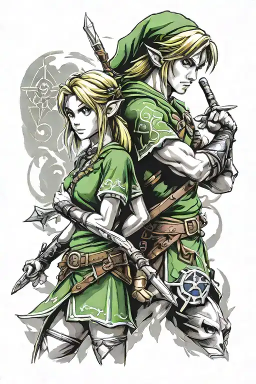 Ocarina of Time Link and Zelda Half Sleeve tattoo tattoo design idea