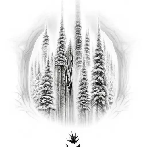 A spooky haunted forest with a trail of chemical formulas winding through the trees tattoo design idea