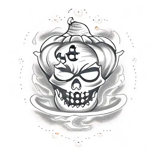 A jack-o'-lantern carved with intricate chemical symbols and surrounded by ghostly apparitions tattoo design idea