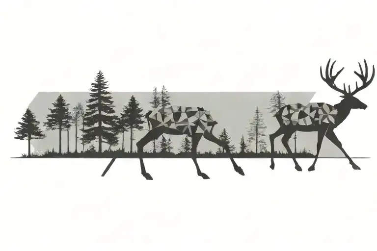a deer walking through a pine forest tattoo design idea