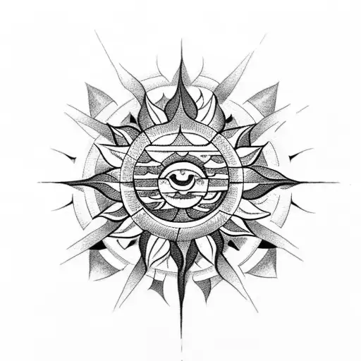 Geometric sun design with Sanskrit script in dotwork tattoo design idea