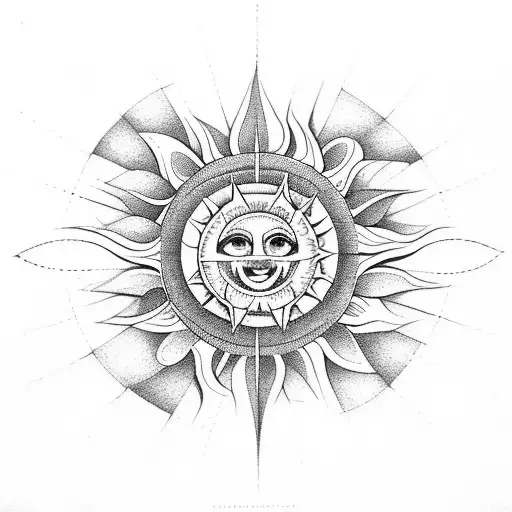 Geometric sun design linear with Sanskrit script in dotwork tattoo design idea