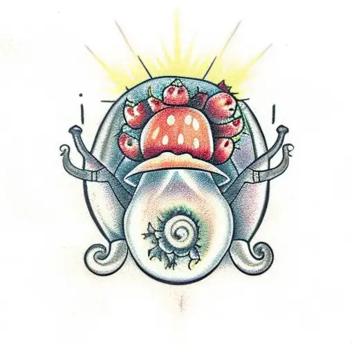 A snail crawling up strawberries and cherries surrounded by a mushrooms in the forest and a cardinal  in the sky tattoo design idea
