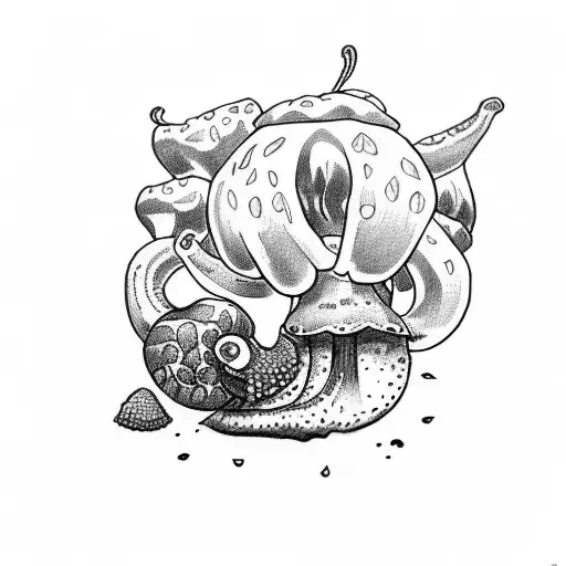 Draw a tattoo sketch in the Traditional style with a snail eating strawberries and cherries surrounded by a mushrooms in tattoo design idea