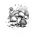 Traditional style with a snail  eating strawberries and cherries surrounded by a mushrooms  tattoo design idea