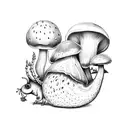 Traditional style with a snail  eating strawberries and cherries surrounded by a mushrooms  tattoo design idea