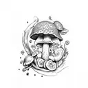 Traditional style with a snail  eating strawberries and cherries surrounded by a mushrooms  tattoo design idea