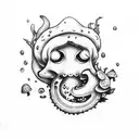 Traditional style with a snail  eating strawberries and cherries surrounded by a mushrooms  tattoo design idea