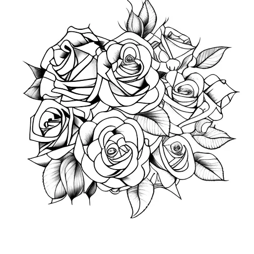 bouquet of single stemmed gardenias, roses, sunflowers, and daisies tattoo design idea