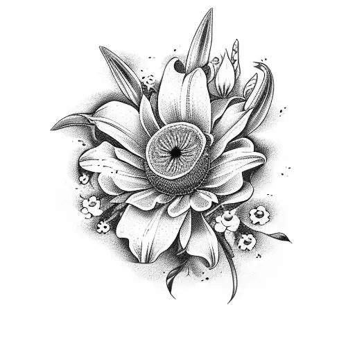 bouquet of lilies, roses, sunflowers, and daisies tattoo design idea
