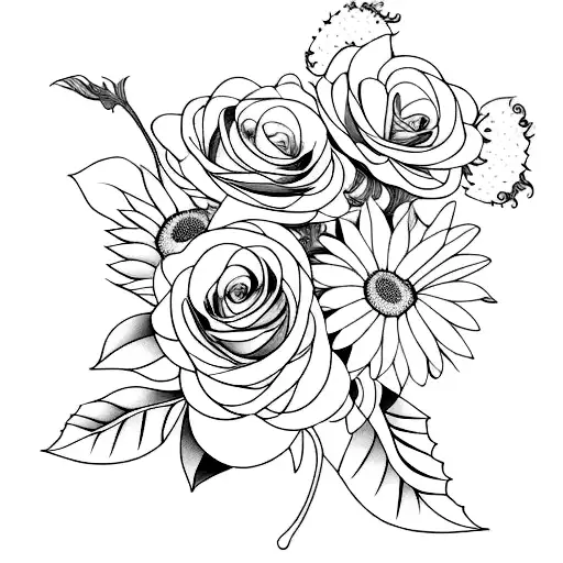 bouquet of single stemmed gardenias, roses, sunflowers, and daisies tattoo design idea